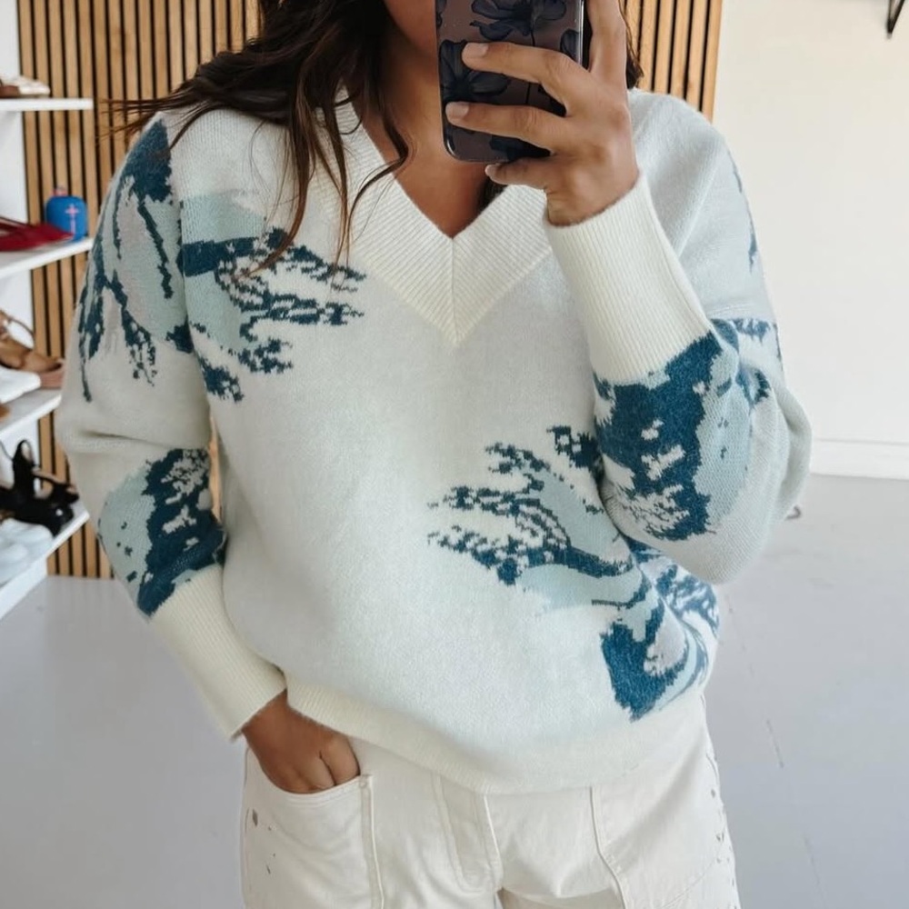 Polagram White and Blue V-Neck Sweater